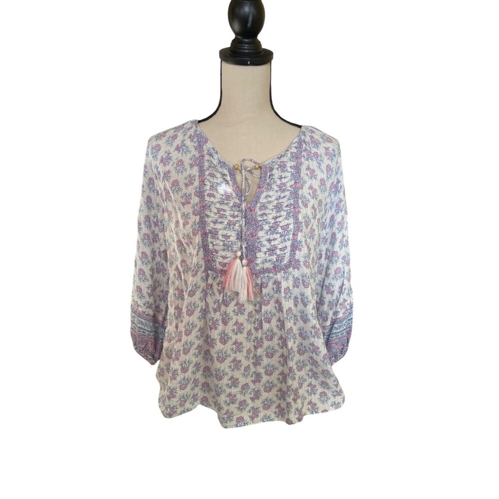 Wonderly Womens Peasant Blouse Floral Pintuck Medium Boho Tassels 3/4 Sleeves
